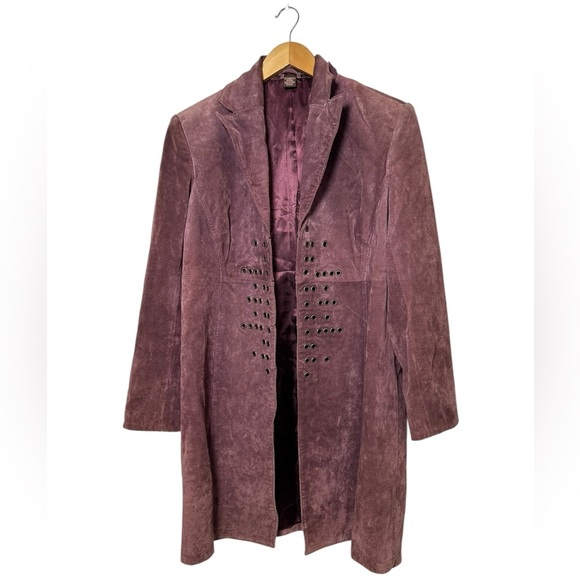 Long Purple Leather Coat | Bandolino Plum Riveted Leather Coat Womens Size Large - Picture 1 of 7